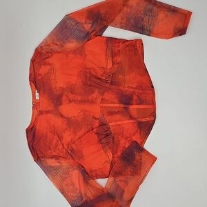Fashion Nova Vibrant Orange Mesh Corset Blouse w Back Zipper & Sheer Sleeves